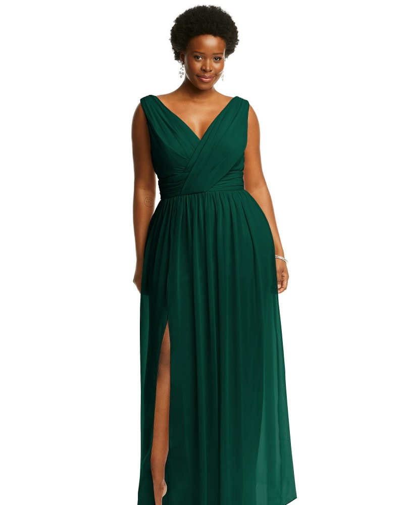 Front of a model wearing a size 28W Sleeveless Draped Chiffon Maxi Dress with Front Slit in Hunter Green by Dessy Collection. | dia_product_style_image_id:268336